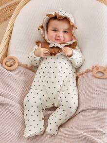 Baby Girl Heart Print Ruffle Trim Sleep Jumpsuit With Hat - Apricot - View 3