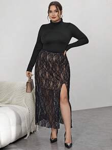 SHEIN Privé Của phụ nữ Kích thước lớn Cái nĩa cao Váy ren - màu đen - Xem 4