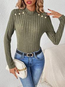 SHEIN Frenchy Button-down Turtleneck Long-sleeved T-shirt - Army Green - View 5