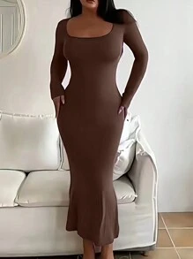 INAWLY Solva 女款方領長袖修身連身裙 - 咖啡棕 - 查看 3