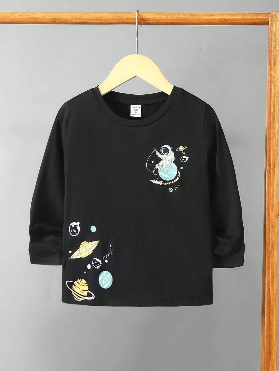 SHEIN 幼兒男孩卡通太空人印花圓領長袖休閒 T 卹 - 淺藍色 - 查看 1