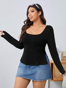 SHEIN EZwear Women's Plus Size Black Knitted Square Neck Long Sleeve T-shirt - Black - View 4
