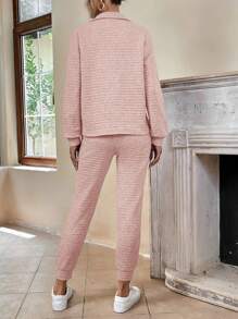 SHEIN LUNE Half Zip Drop Shoulder Sweatshirt & Sweatpants - Dusty Pink - View 2