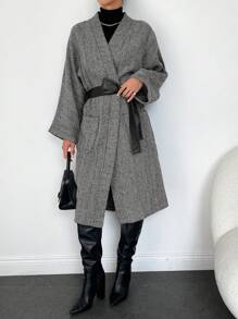 SHEIN Cottnline Herringbone Print Drop Shoulder Belted Overcoat - Grey - View 3