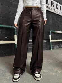 SHEIN Coolane Pu Straight Leg Pants - Coffee Brown - View 6