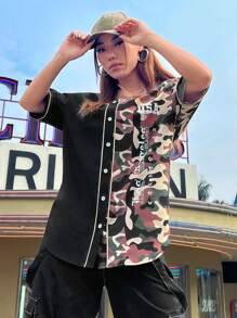 SHEIN EZwear Camouflage Splicing Women's Shirt - Army Green - View 8