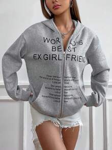 SHEIN Unity Sudadera Con Capucha Y Cremallera Con Patrón En Inglés - Gris Claro - Ver 6