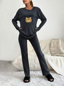 RueChic Bộ đồ mặc nhà thêu sọc hình gấu hoạt hình dành cho nữ - Màu xám đen - Xem 4