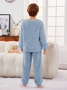 SHEIN Con trai Gấu trúc & Thư thêu Đồ ngủ Mặc Bộ Có Áo Và Quần - Màu xanh lam - Xem 2