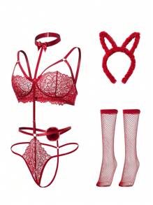 5pcs/Set Women's Sexy Red Mesh Lingerie Set - Burgundy - View 7