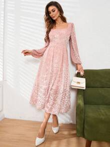 GENKIRA Vestido De Manga Comprida Com Mangas Lanternas De Gola Quadrada De Jacquard Com Estampa De Leopardo - Rosa Bebê - Visão 6