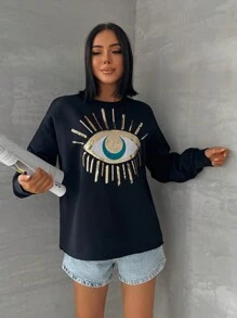 EURMUSE Sequin Eye Pattern Drop Shoulder Sweatshirt - Black - View 5