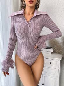 SHEIN Privé 女式翻領毛邊下擺連身衣 - 粉色 - 查看 1