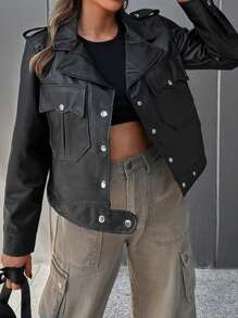 RueChic Flap Pocket PU Leather Jacket - Black - View 1