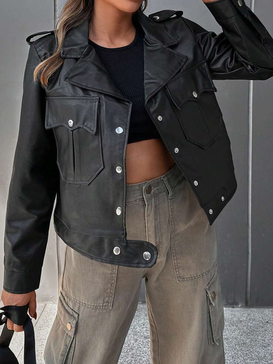 RueChic Flap Pocket PU Leather Jacket - Black - View 1
