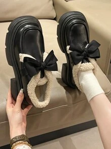 Fashionable Women's Round Toe Loafers With Bow Knot, Wedge & Platform Thick Bottom, Waterproof - Black - View 1