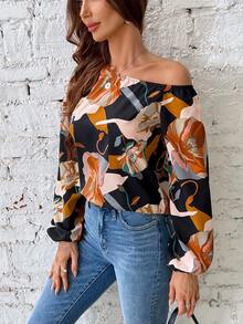 SHEIN LUNE Women's Cold Shoulder Asymmetric Printed Blouse - Multicolor - View 3