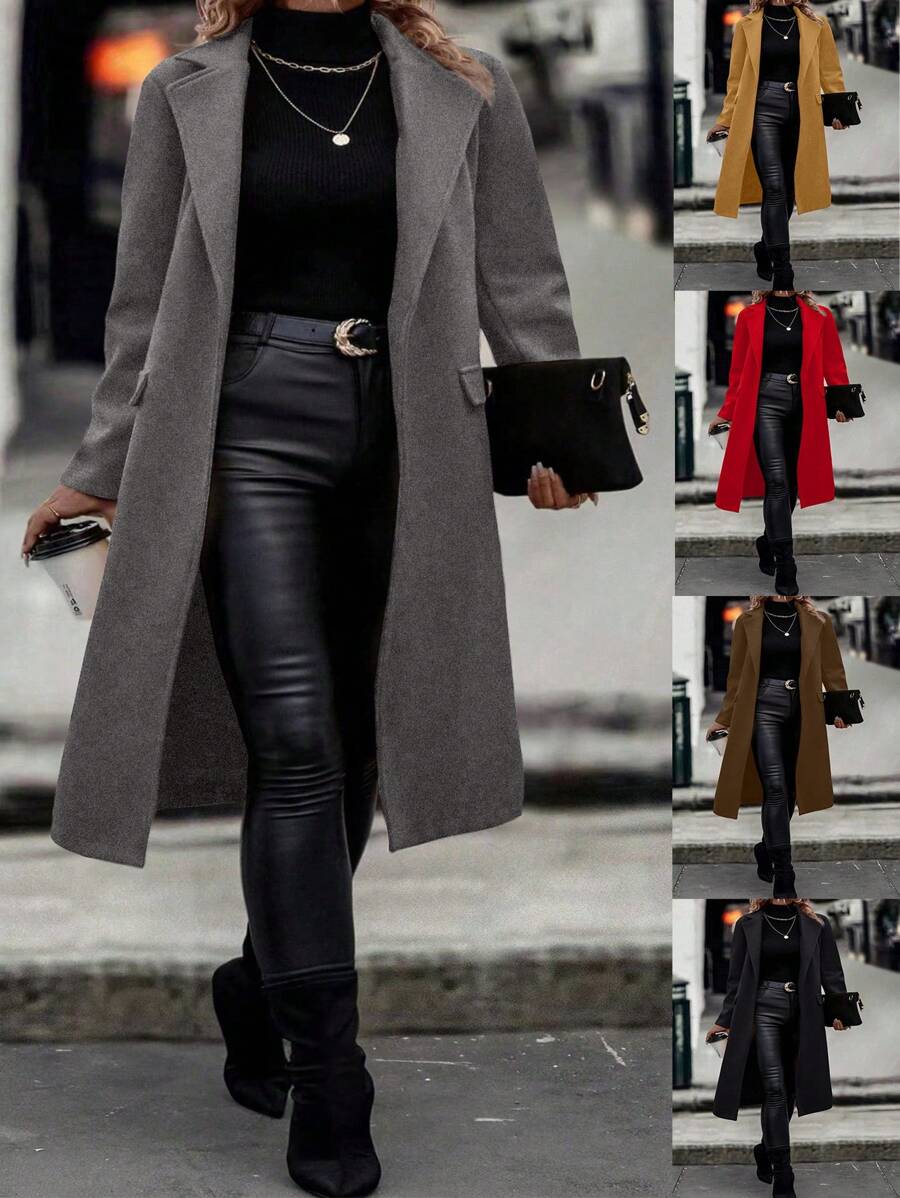 Calvaya Plus Lapel Neck Flap Detail Overcoat Fall Winter Cloth For Women Autumn - Black - View 1