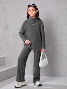 SHEIN Leap Crew 中大童女孩寬鬆復古高領寬鬆條紋襯衫和長褲兩件套裝 - 深灰色 - 查看 1