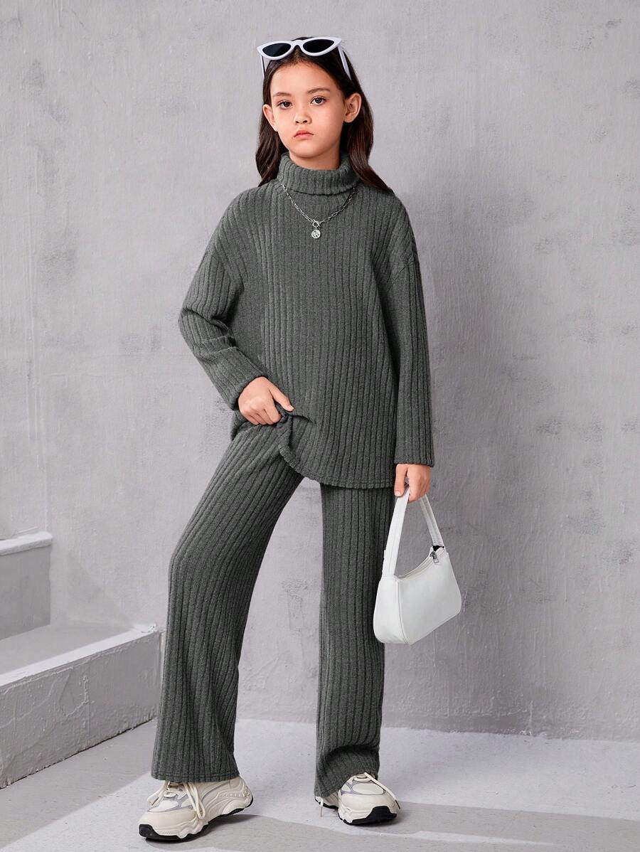 SHEIN Leap Crew 中大童女孩寬鬆復古高領寬鬆條紋襯衫和長褲兩件套裝 - 深灰色 - 查看 1