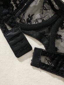 Sujetador de encaje con soporte de aros para mujer, lencería sexy - Negro - Ver 5