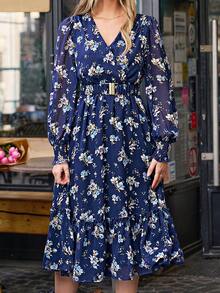 SHEIN Frenchy 1pc Floral Print Lantern Sleeve Ruffle Hem Belted Dress - Multicolor - View 6