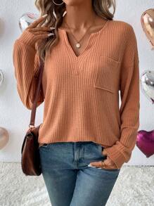 SHEIN LUNE 女款缺角 V 領華夫格針織 T 卹 - 卡其色 - 查看 1