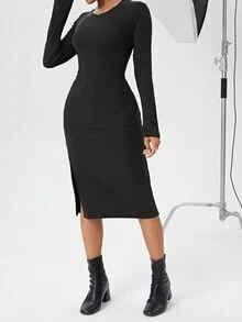SHEIN Essnce Vestido Bodycon Acanalado Con Cremallera Lateral - Negro - Ver 6