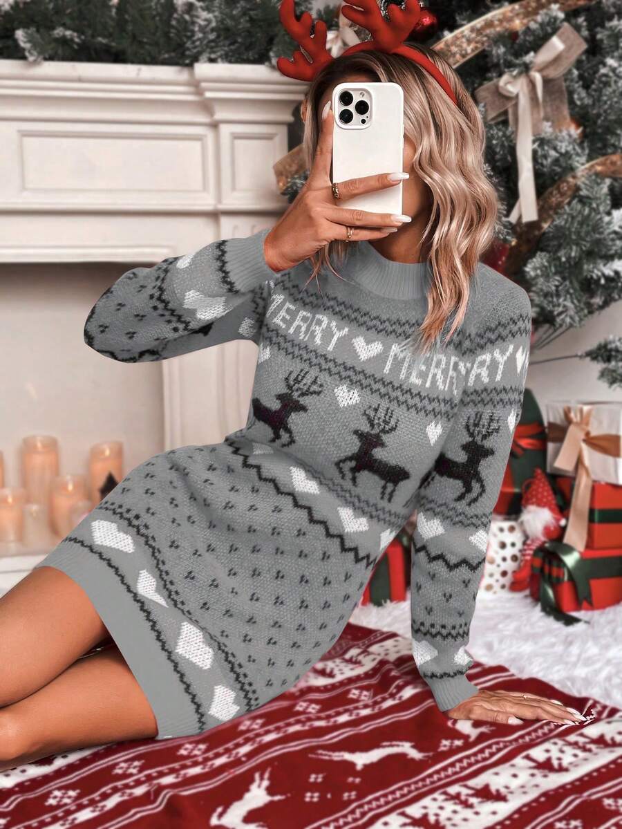 SHEIN Essnce Mẫu giáng sinh Đầm Áo len - Xám - Xem 1