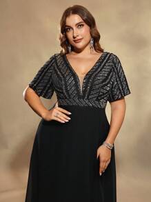 UNITHORSE Plus Size Women V-Neck Sequins Chiffon Patchwork Dress Party Dress Wedding Guest Dress Formal Dress Evening Dress,Gown - Black - View 6