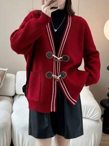 Fashionable V-Neck Cardigan With Sheep Horn Buttons, Spring/Autumn - Red - View 1