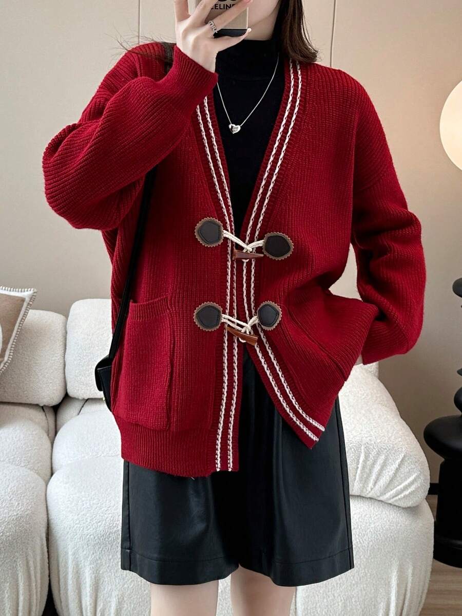 Fashionable V-Neck Cardigan With Sheep Horn Buttons, Spring/Autumn - Red - View 1