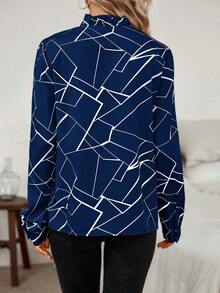 SHEIN LUNE Notched Collar Geometric Print Shirt With Frill Trimmed - Navy Blue - View 2