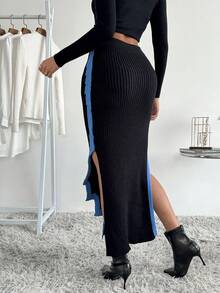 SHEIN Privé Contrast Trim Split Hem Knit Skirt - Multicolor - View 2
