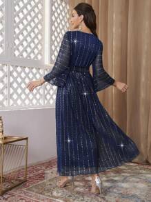 Modelyn Women's Flared Sleeve Belted Dress With Rhinestone Embellishment - Navy Blue - View 2