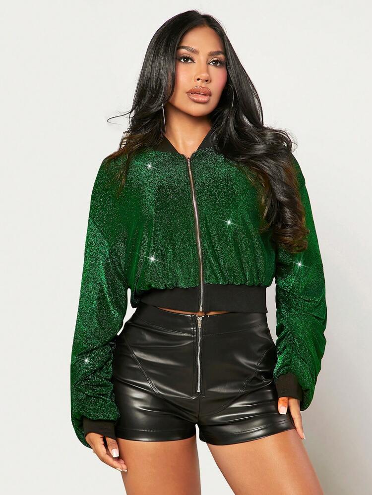 Zip Up Crop Glitter Bomber Jacket Party New Years Eve Party Sexy Club Long Sleeve Jacket