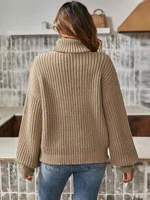 SHEIN Essnce High Neck Drop Shoulder Sweater - Khaki - View 2