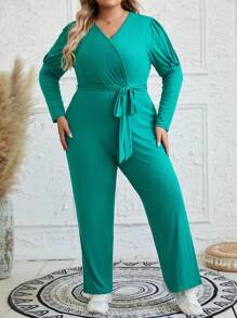 EMERY ROSE Plus Size Solid Color V-neck Long Sleeve Jumpsuit - Green - View 3