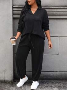EMERY ROSE Conjunto de 2 piezas de top de manga larga de punto suelto con cuello en V y joggers de ajuste suelto con cintura elástica, tallas grandes - Negro - Ver 1