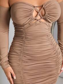 SHEIN SXY 女式交叉中空性感連衣裙,適合俱樂部裝扮 - 咖啡 - 查看 5