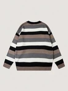 ANDREILEE Men's Striped Letter Embroidery Drawstring Sweater - Black - View 2