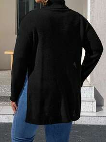 SHEIN CURVE+ 女款大尺碼高領純色開叉下擺毛衣 - 黑色 - 查看 2