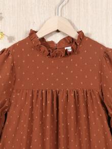 SHEIN Tween 女孩瑞士圓點荷葉邊袖連身裙 - 棕色 - 查看 4