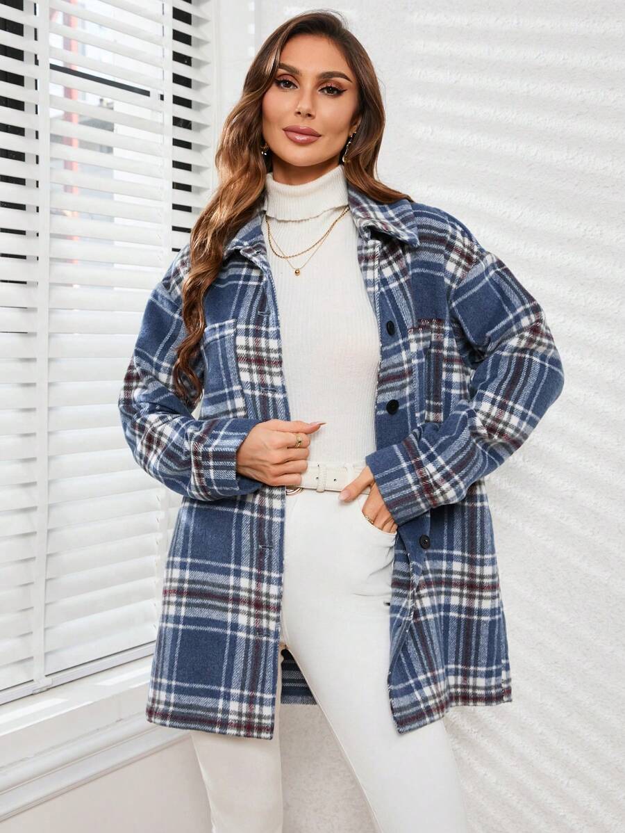 GENKIRA 格紋下垂肩毛呢外套 - 彩色 - 查看 1