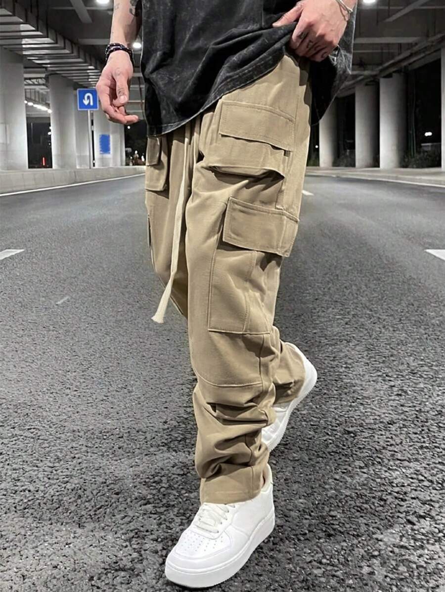 Claim Dot Calça Cargo Casual Masculina de Cor Sólida com Bolso de Aba, Calça Longa Folgada Cáqui com Cordão, Presente para Marido e Namorado - Caqui - Visão 1