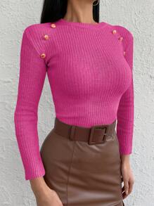 Women's Pink Slim Fit Pullover Sweater - Hot Pink - View 3