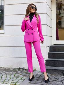 RueChic 2pcs/set Women's Double-breasted Suit - Coral Pink - View 5