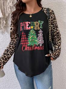 SHEIN LUNE Plus Christmas Tree & Slogan Graphic Raglan Sleeve Tee - Multicolor - View 3