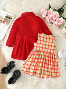 Em bé Cô gái Len áo Twill Bộ váy , Thanh lịch & Dễ thương Kẻ sọc Màu hồng 2 Miếng - Đỏ - Xem 2