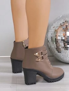 女士時尚舒適圓頭雙扣高跟鞋 - 駝色 - 查看 3